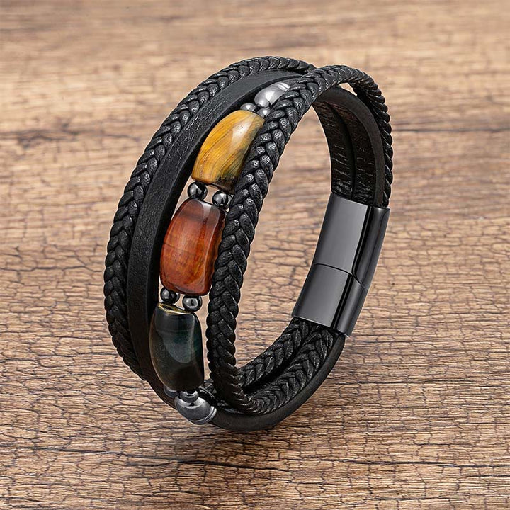 Braccialetto rinforzato in pelle Buddha Stones occhio di tigre naturale, occhio di tigre verde e occhio di tigre rosso - Tre colori di occhio di tigre - 18-22 cm - image 0