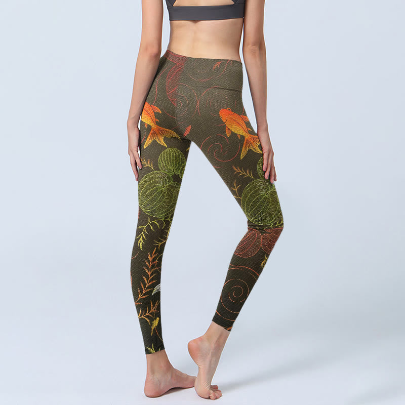 Leggings da palestra con stampa Buddha Stones , colorati pesci koi, increspature dell'acqua, motivo vegetale, pantaloni da yoga da donna - image 3