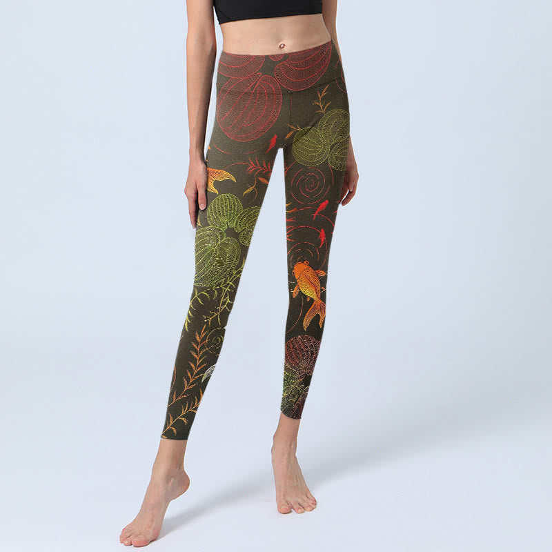 Leggings da palestra con stampa Buddha Stones , colorati pesci koi, increspature dell'acqua, motivo vegetale, pantaloni da yoga da donna - image 5