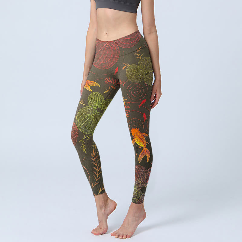 Leggings da palestra con stampa Buddha Stones , colorati pesci koi, increspature dell'acqua, motivo vegetale, pantaloni da yoga da donna - Verde oliva scuro - US18, UK/AU22, EU50 (4XL) - image 0