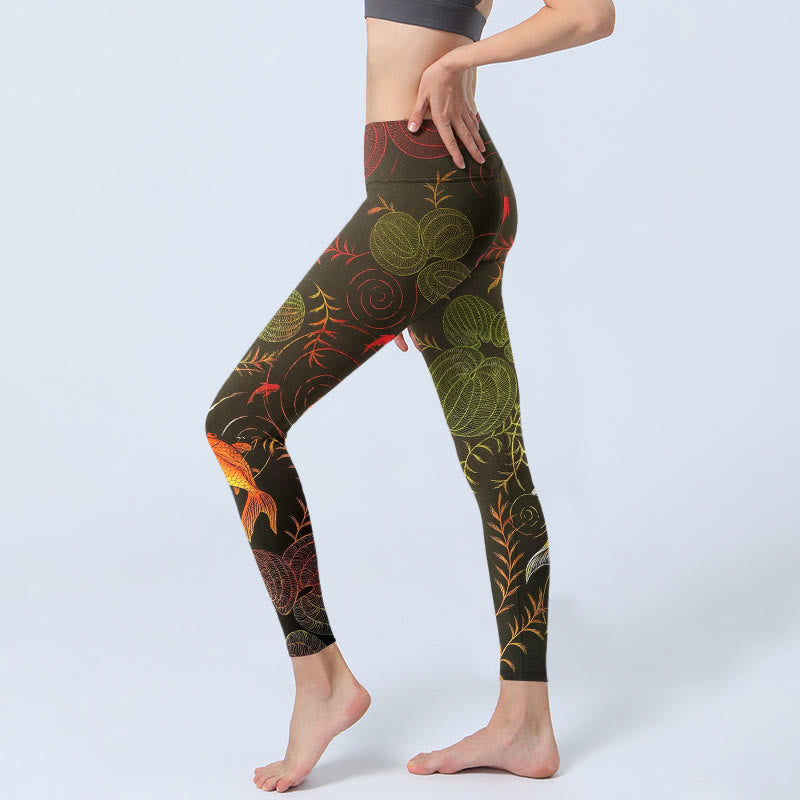 Leggings da palestra con stampa Buddha Stones , colorati pesci koi, increspature dell'acqua, motivo vegetale, pantaloni da yoga da donna - image 2