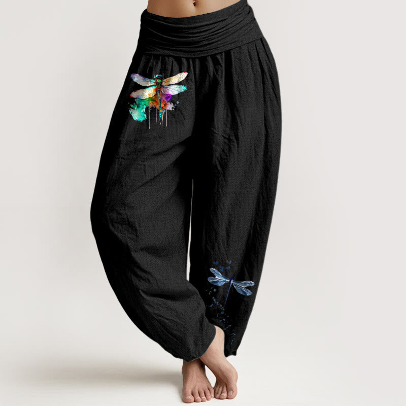 Pantaloni harem da donna con elastico in vita e motivo a libellula in puro cotone Buddha Stones - Nero - US16, UK/AU20, EU48 (3XL) - image 0