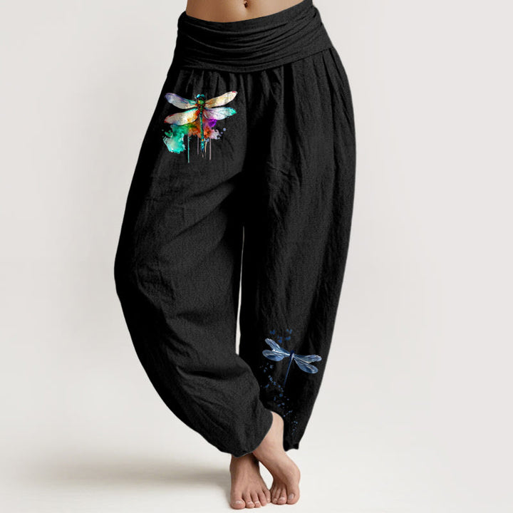 Pantaloni harem da donna con elastico in vita e motivo a libellula in puro cotone Buddha Stones - Nero - US16, UK/AU20, EU48 (3XL) - image 0