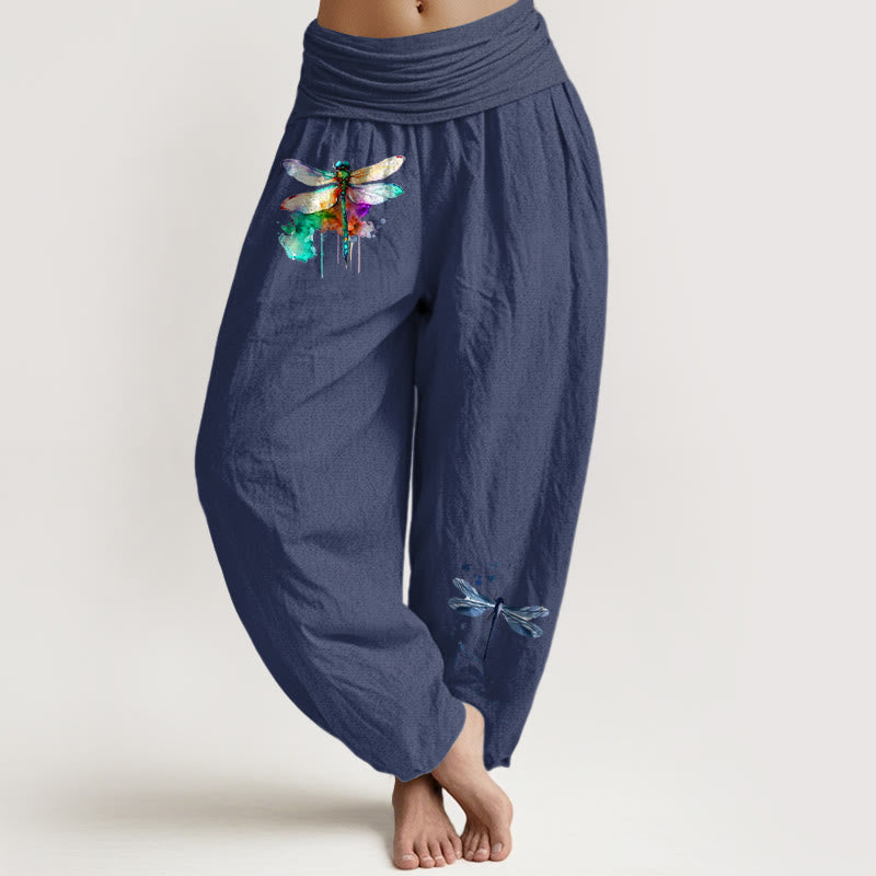 Pantaloni harem da donna con elastico in vita e motivo a libellula in puro cotone Buddha Stones - DarkSlateBlue - US16, UK/AU20, EU48 (3XL) - image 5