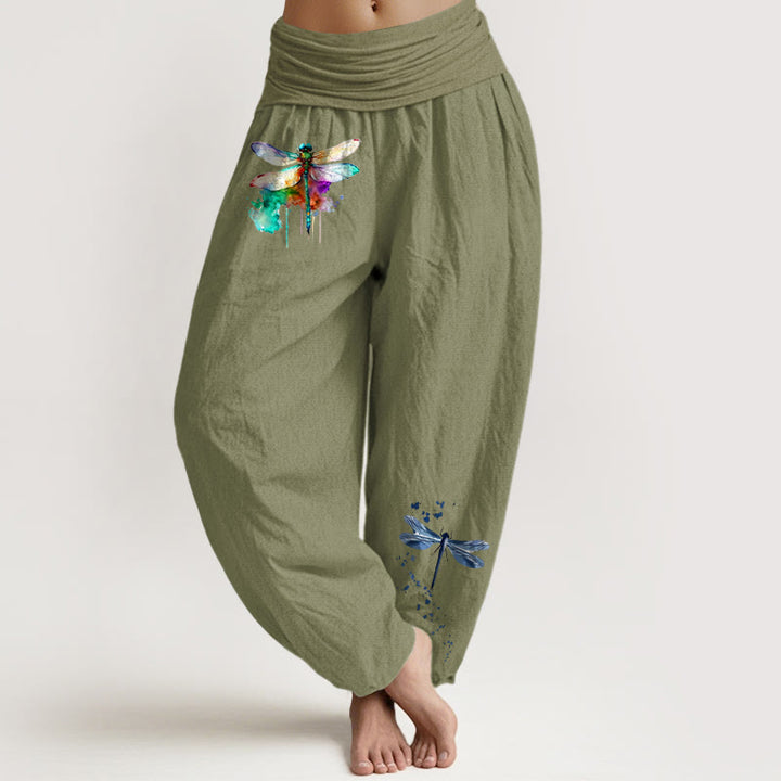 Pantaloni harem da donna con elastico in vita e motivo a libellula in puro cotone Buddha Stones - Verde oliva - US16, UK/AU20, EU48 (3XL) - image 14