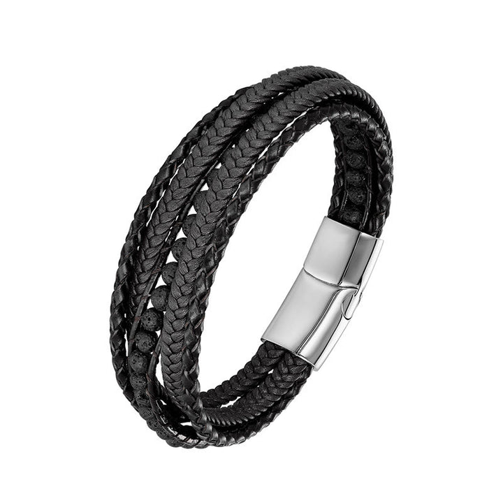 Bracciale rinforzato in pelle con perline, agata indiana, occhio di tigre Buddha Stones - Fibbia in argento di roccia lavica - 18-22 cm - image 15