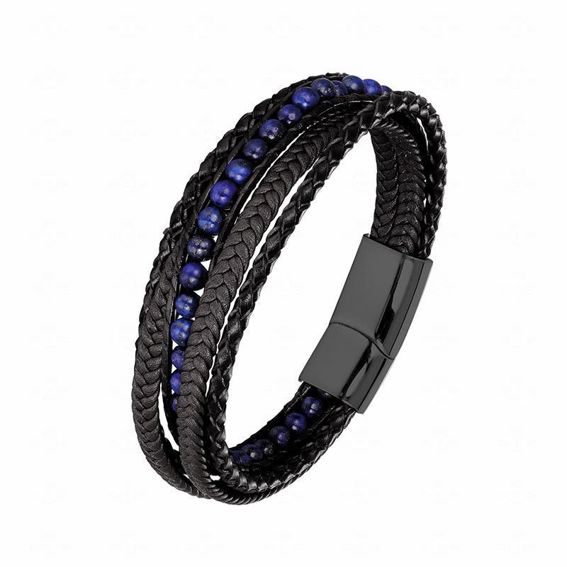Bracciale rinforzato in pelle con perline, agata indiana, occhio di tigre Buddha Stones - Fibbia nera in lazurite - 18-22 cm - image 21