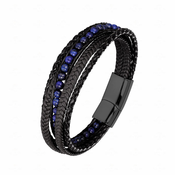Bracciale rinforzato in pelle con perline, agata indiana, occhio di tigre Buddha Stones - Fibbia nera in lazurite - 18-22 cm - image 21