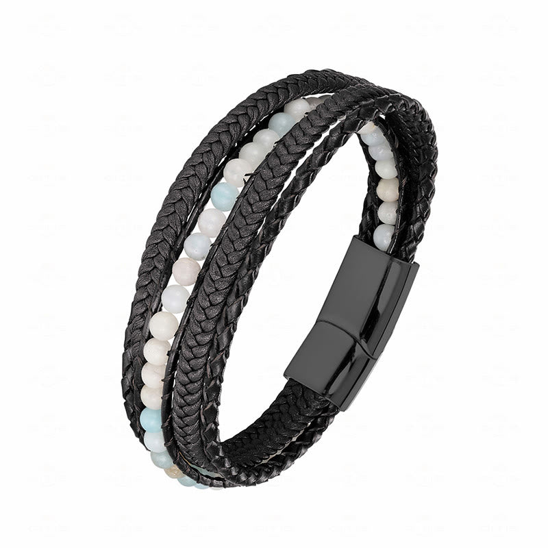 Bracciale rinforzato in pelle con perline, agata indiana, occhio di tigre Buddha Stones - Fibbia nera in amazzonite - 19-21 cm - image 25