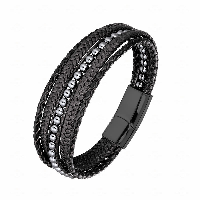Bracciale rinforzato in pelle con perline, agata indiana, occhio di tigre Buddha Stones - Fibbia nera in ematite - 18-22 cm - image 0
