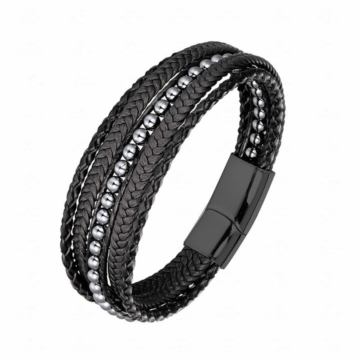 Bracciale rinforzato in pelle con perline, agata indiana, occhio di tigre Buddha Stones - Fibbia nera in ematite - 18-22 cm - image 0