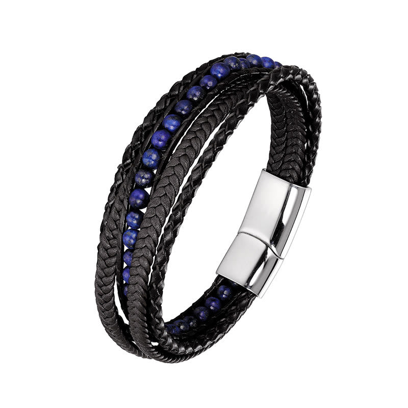 Bracciale rinforzato in pelle con perline, agata indiana, occhio di tigre Buddha Stones - Fibbia in argento con lazurite - 18-22 cm - image 13