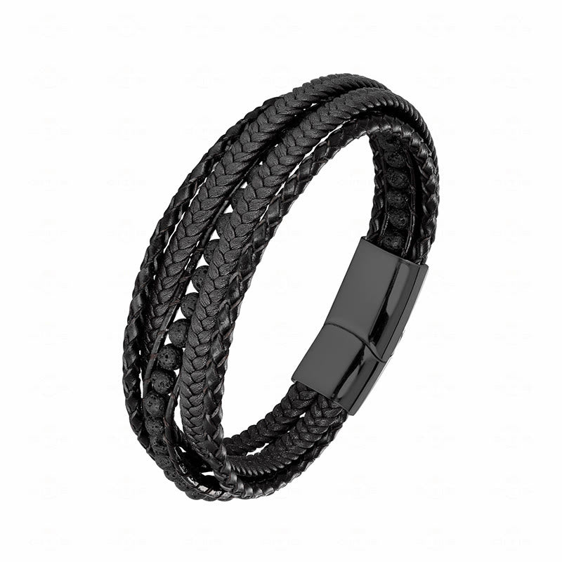 Bracciale rinforzato in pelle con perline, agata indiana, occhio di tigre Buddha Stones - Fibbia nera in pietra lavica - 18-22 cm - image 23