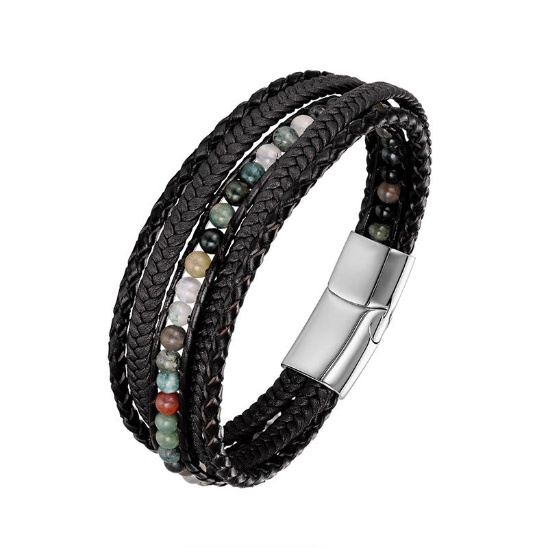 Bracciale rinforzato in pelle con perline, agata indiana, occhio di tigre Buddha Stones - Fibbia in argento con agata indiana - 18-22 cm - image 3