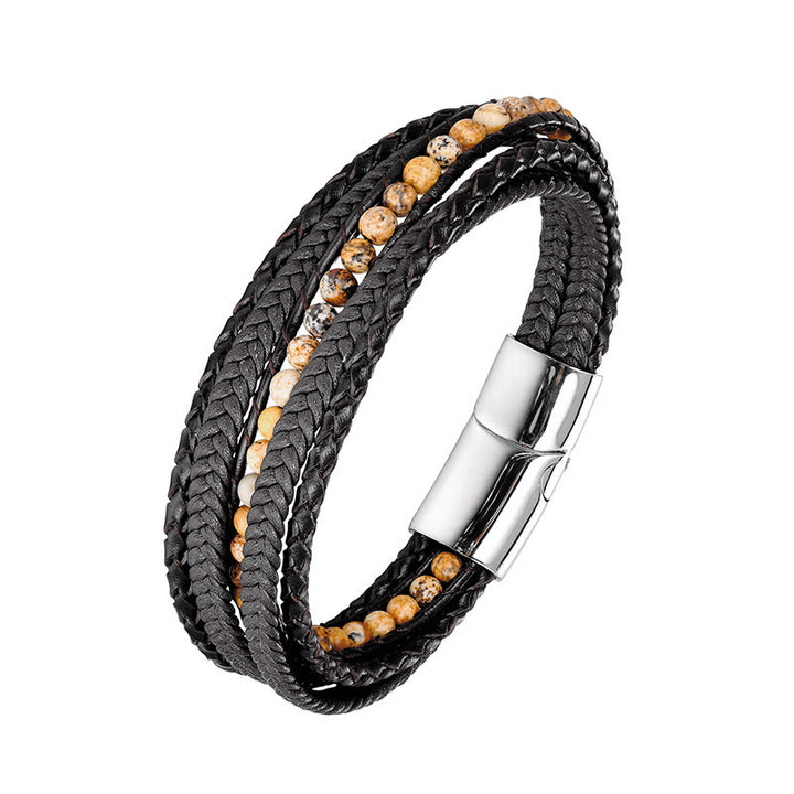Bracciale rinforzato in pelle con perline, agata indiana, occhio di tigre Buddha Stones - Fibbia in argento con diaspro. - 18-22 cm - image 11