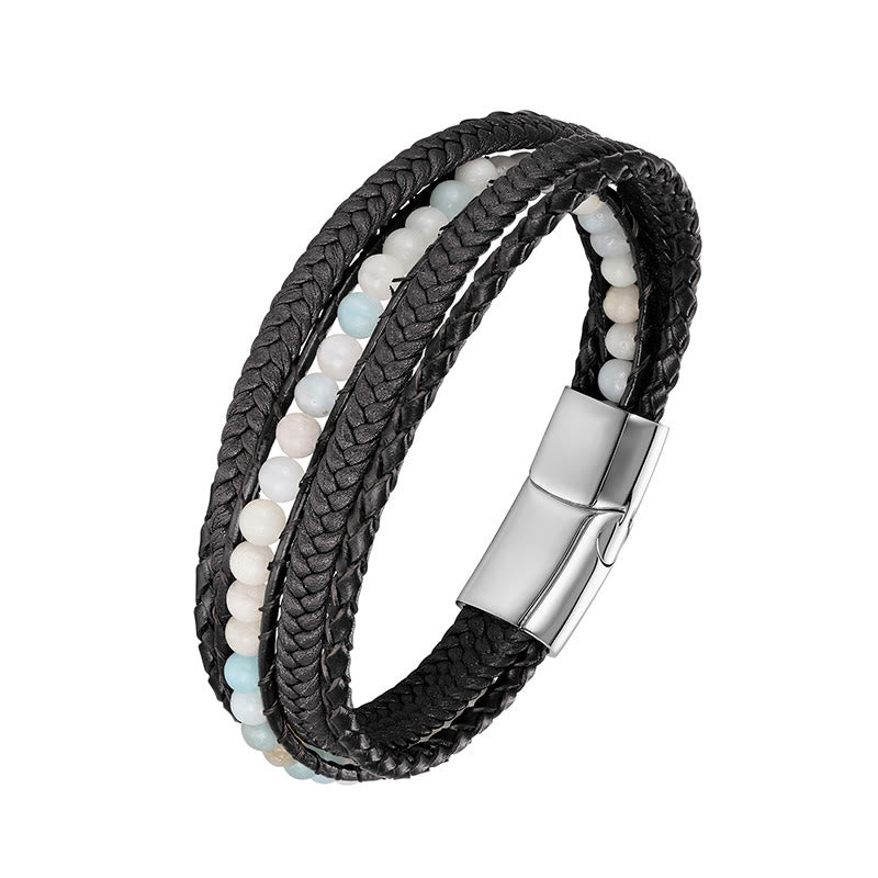 Bracciale rinforzato in pelle con perline, agata indiana, occhio di tigre Buddha Stones - Fibbia in argento amazzonite - 19-21 cm - image 8