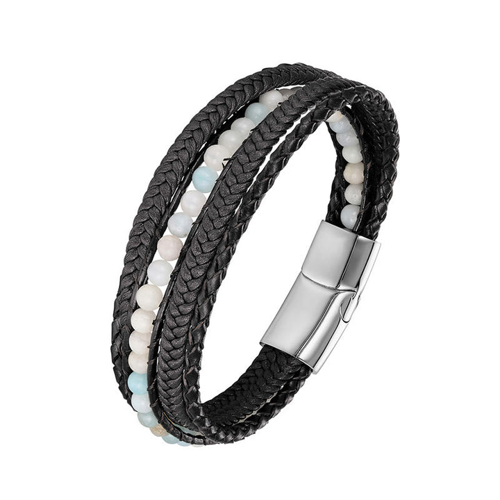 Bracciale rinforzato in pelle con perline, agata indiana, occhio di tigre Buddha Stones - Fibbia in argento amazzonite - 19-21 cm - image 8