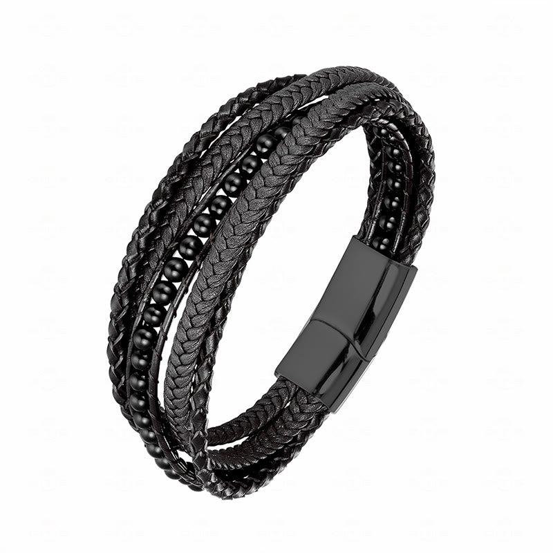 Bracciale rinforzato in pelle con perline, agata indiana, occhio di tigre Buddha Stones - Fibbia nera in onice nero - 18-22 cm - image 24