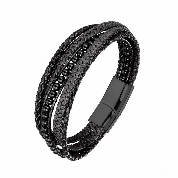 Bracciale rinforzato in pelle con perline, agata indiana, occhio di tigre Buddha Stones - Fibbia nera in onice nero - 18-22 cm - image 24