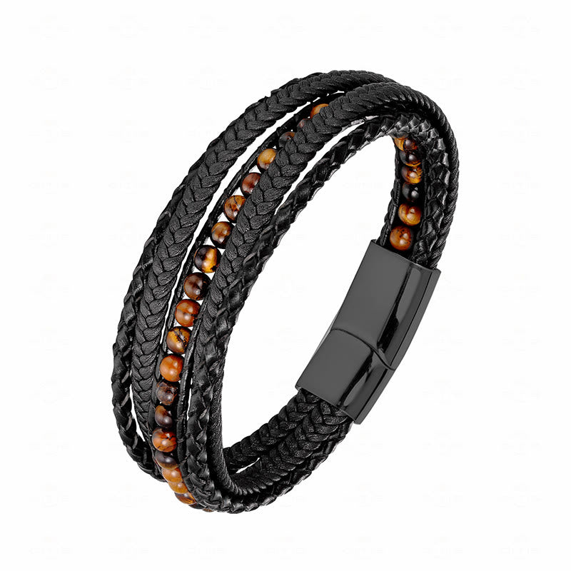 Bracciale rinforzato in pelle con perline, agata indiana, occhio di tigre Buddha Stones - Fibbia nera in occhio di tigre - 19-21 cm - image 20