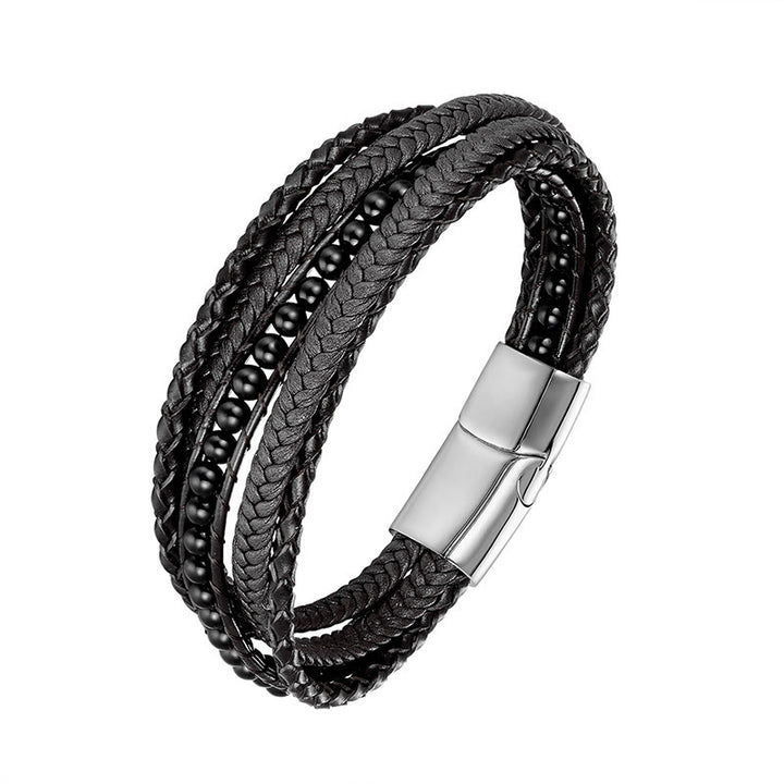 Bracciale rinforzato in pelle con perline, agata indiana, occhio di tigre Buddha Stones - Fibbia in argento e onice nero - 18-22 cm - image 17