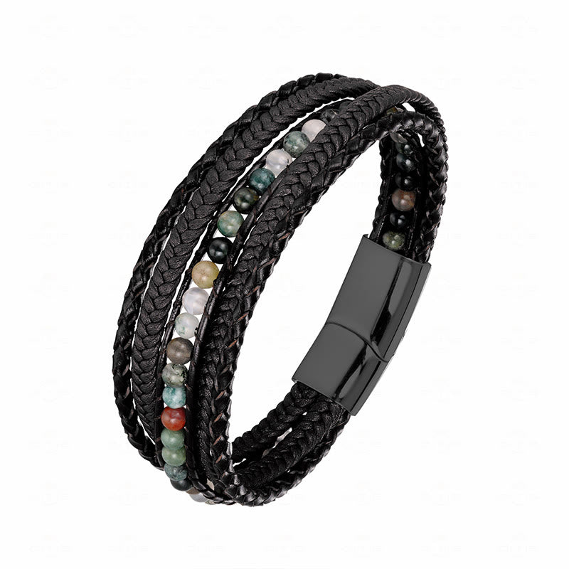 Bracciale rinforzato in pelle con perline, agata indiana, occhio di tigre Buddha Stones - Fibbia nera in agata indiana - 18-22 cm - image 22