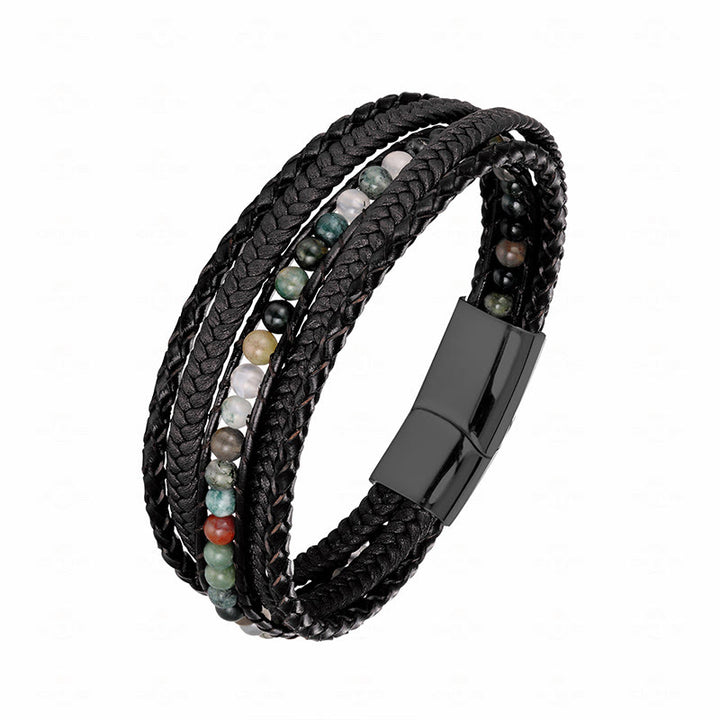 Bracciale rinforzato in pelle con perline, agata indiana, occhio di tigre Buddha Stones - Fibbia nera in agata indiana - 18-22 cm - image 22