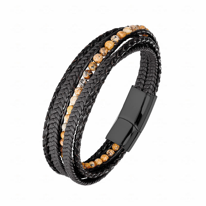 Bracciale rinforzato in pelle con perline, agata indiana, occhio di tigre Buddha Stones - Fibbia nera in diaspro raffigurante la figura - 18-22 cm - image 19