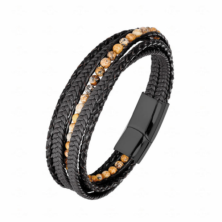 Bracciale rinforzato in pelle con perline, agata indiana, occhio di tigre Buddha Stones - Fibbia nera in diaspro raffigurante la figura - 18-22 cm - image 19