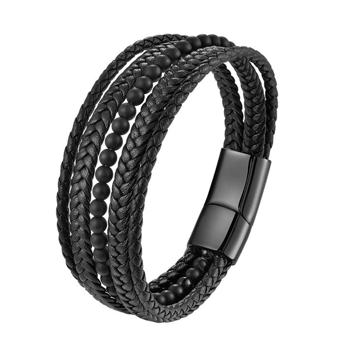 Bracciale intrecciato multistrato Buddha Stones in pelle di onice nero satinato opaco Fortune - image 2