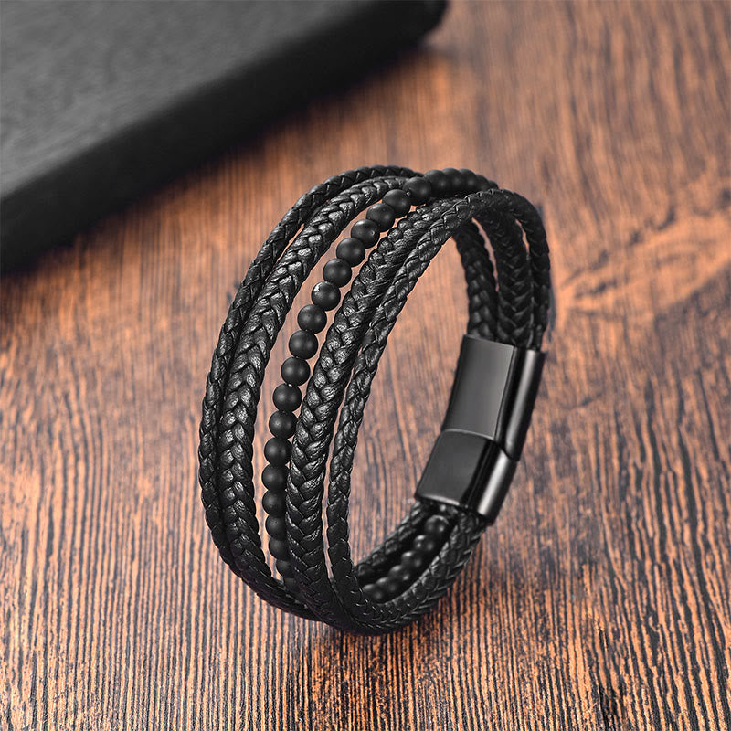 Bracciale intrecciato multistrato Buddha Stones in pelle di onice nero satinato opaco Fortune - Onice nero (circonferenza del polso: 18-20 cm) - image 0