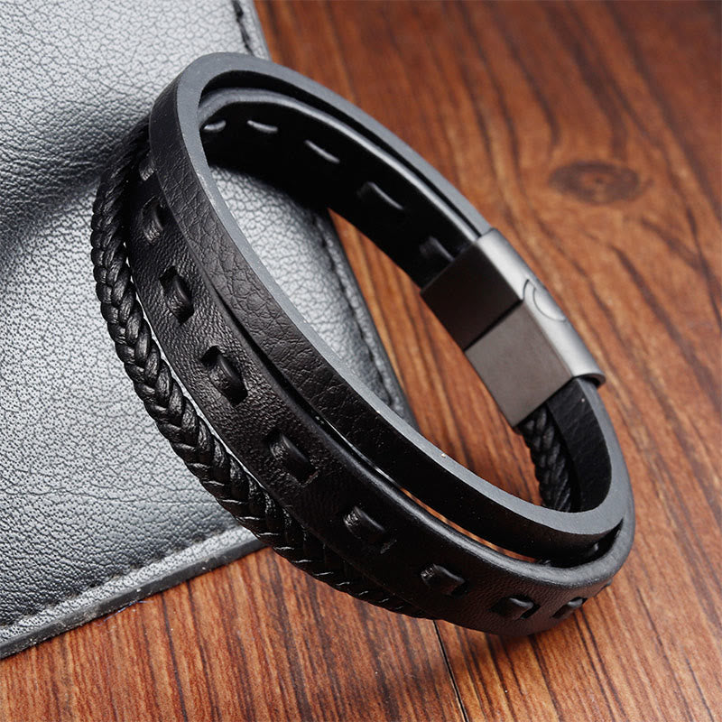 Braccialetto Buddha Stones con fibbia in acciaio al titanio e pelle intrecciata multistrato per la calma - image 2