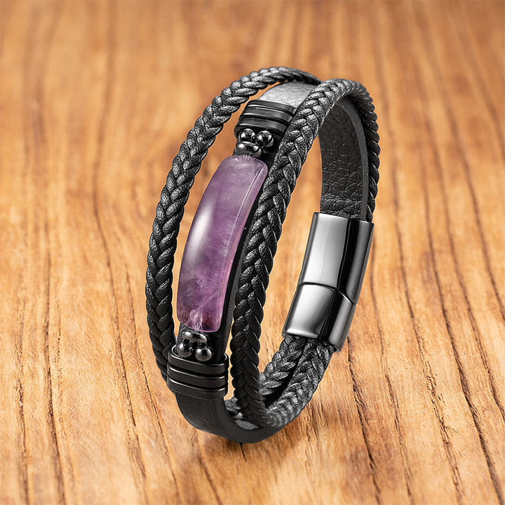 Bracciale rinforzato in pelle, acciaio al titanio, cristallo rosa, Buddha Stones, ematite, lazurite, lapislazzuli, pietra glitter nera - Ametista - 18-22 cm - image 12