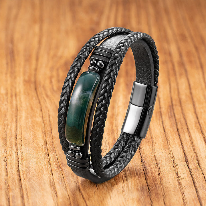 Bracciale rinforzato in pelle, acciaio al titanio , Buddha Stones, ematite, lazurite, pietra glitterata nera, cristallo rosa - Agata verde - 18-22 cm - image 23