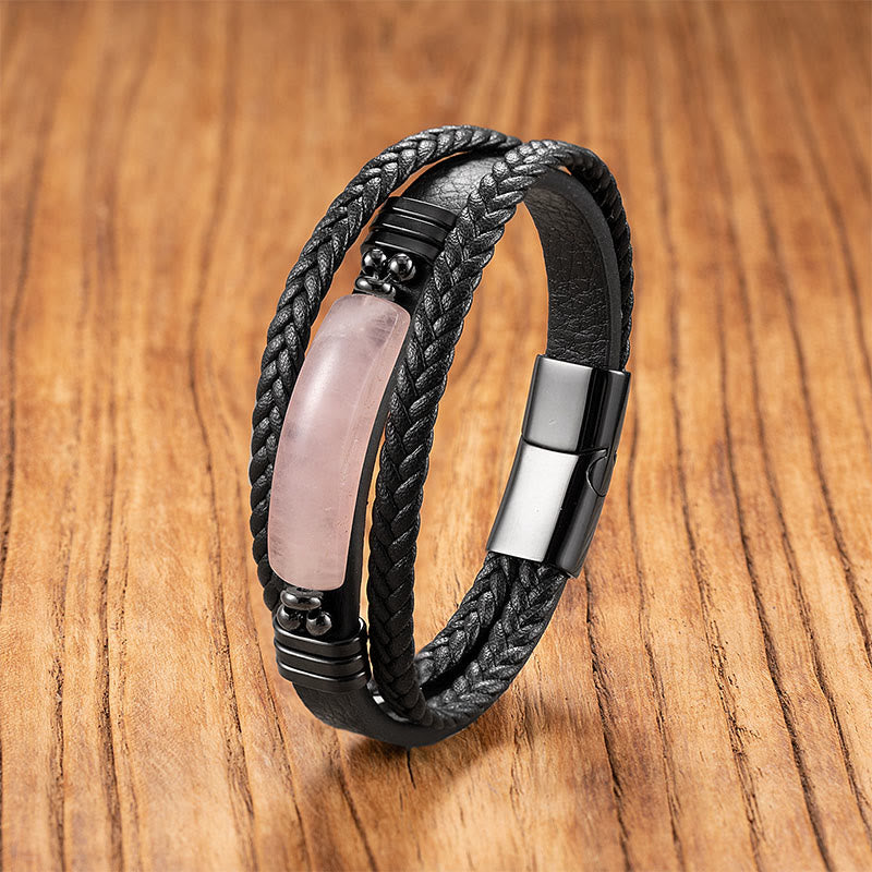 Bracciale rinforzato in pelle, acciaio al titanio, cristallo rosa, Buddha Stones, ematite, lazurite, lapislazzuli, pietra glitter nera - Cristallo rosa - 18-22 cm - image 7