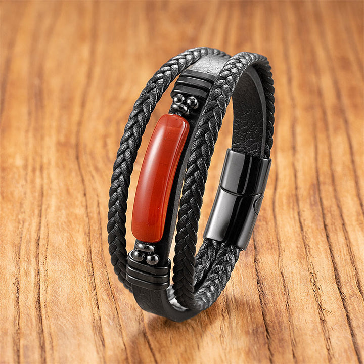 Bracciale rinforzato in pelle, acciaio al titanio , Buddha Stones, ematite, lazurite, pietra glitterata nera, cristallo rosa - Liuli rosso - 18-22 cm - image 9