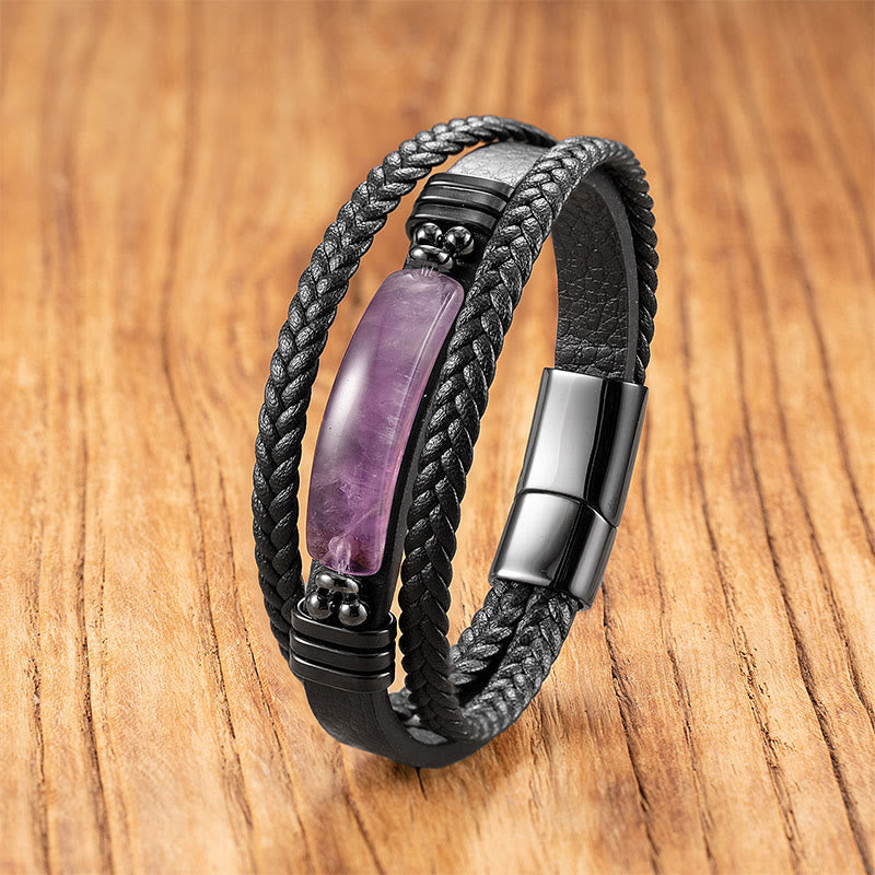 Bracciale rinforzato in pelle, acciaio al titanio , Buddha Stones, ematite, lazurite, pietra glitterata nera, cristallo rosa - Ametista - 18-22 cm - image 12