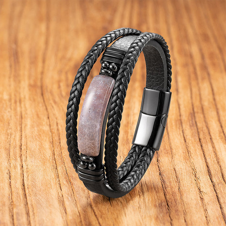 Bracciale rinforzato in pelle, acciaio al titanio, cristallo rosa, Buddha Stones, ematite, lazurite, lapislazzuli, pietra glitter nera - Agata rosa - 18-22 cm - image 24
