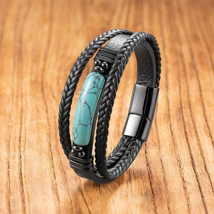 Bracciale rinforzato in pelle, acciaio al titanio , Buddha Stones, ematite, lazurite, pietra glitterata nera, cristallo rosa - Turchese - 18-22 cm - image 10
