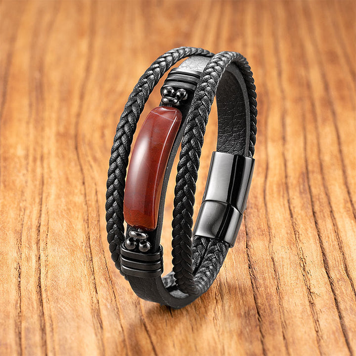 Bracciale rinforzato in pelle, acciaio al titanio, cristallo rosa, Buddha Stones, ematite, lazurite, lapislazzuli, pietra glitter nera - Agata rosso scuro - 18-22 cm - image 21