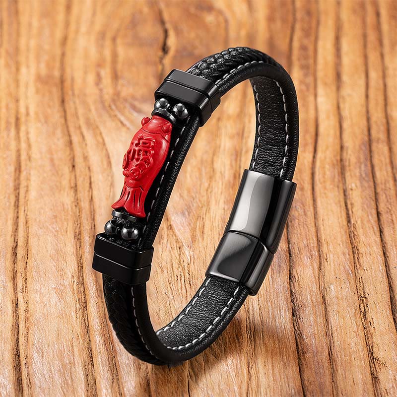 Buddha Stones, cinabro, simbolo di Buddha, pesce koi, drago, carattere Fu, design Pi Xiu, braccialetto di benedizione in pelle - Personaggio Koi Fish&Fu - 18-22 cm - image 10