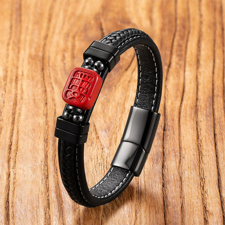 Buddha Stones, cinabro, simbolo di Buddha, pesce koi, drago, carattere Fu, design Pi Xiu, braccialetto di benedizione in pelle - Carattere sicuro - 18-22 cm - image 9