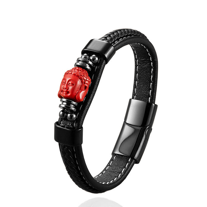 Buddha Stones, cinabro, simbolo di Buddha, pesce koi, drago, carattere Fu, design Pi Xiu, braccialetto di benedizione in pelle - image 1