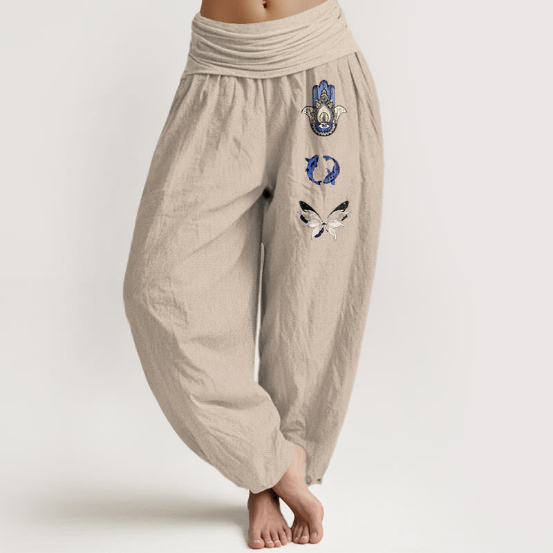 Pantaloni harem da donna con elastico in vita, in puro Buddha Stones , con motivo a farfalla e mano di Hamsa, motivo a pesce koi - Abbronzatura - US16, UK/AU20, EU48 (3XL) - image 0