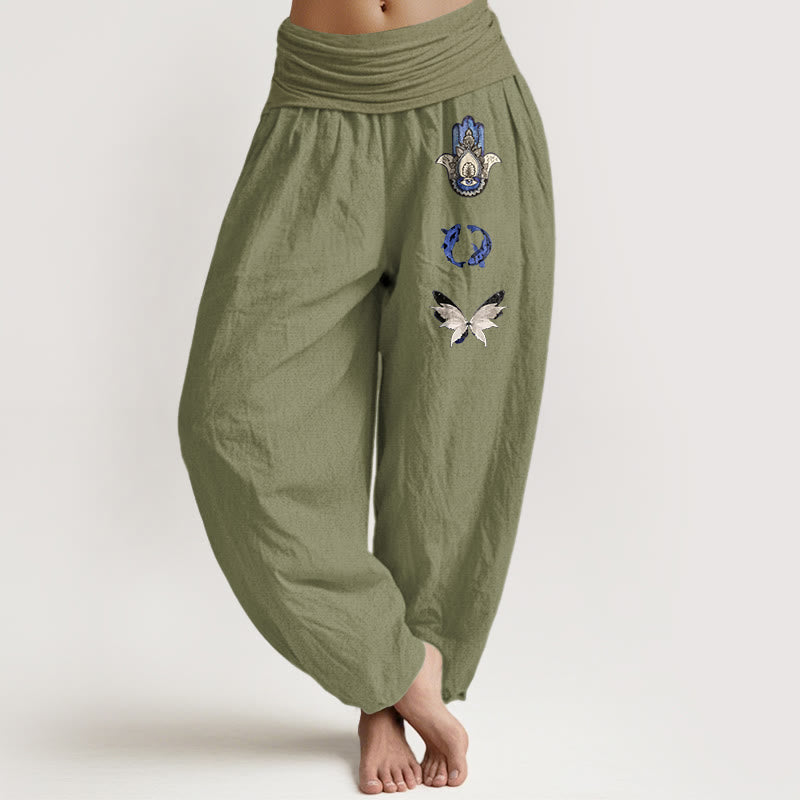 Pantaloni harem da donna con elastico in vita, in puro Buddha Stones , con motivo a farfalla e mano di Hamsa, motivo a pesce koi - Verde oliva - US16, UK/AU20, EU48 (3XL) - image 14