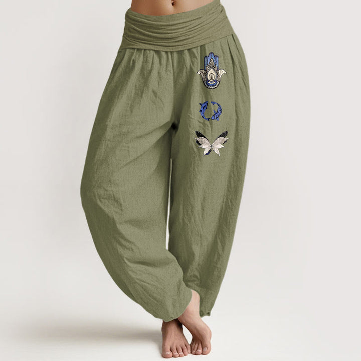 Pantaloni harem da donna con elastico in vita, in puro Buddha Stones , con motivo a farfalla e mano di Hamsa, motivo a pesce koi - Verde oliva - US16, UK/AU20, EU48 (3XL) - image 14