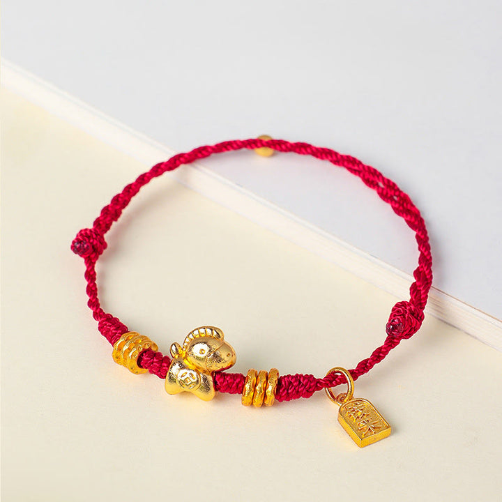 Bracciale regolabile in corda intrecciata con Buddha Stones, anno del cavallo, successo e forza - Cordino rosso (circonferenza del polso: 14-19 cm) - image 0