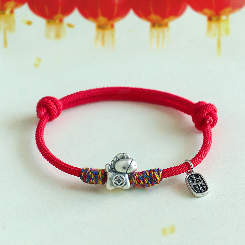 Braccialetto portafortuna con corda e corda in argento sterling 999 Buddha Stones e carattere Fu dell'anno del cavallo - Corda rossa (circonferenza del polso: 14-19 cm) - image 9