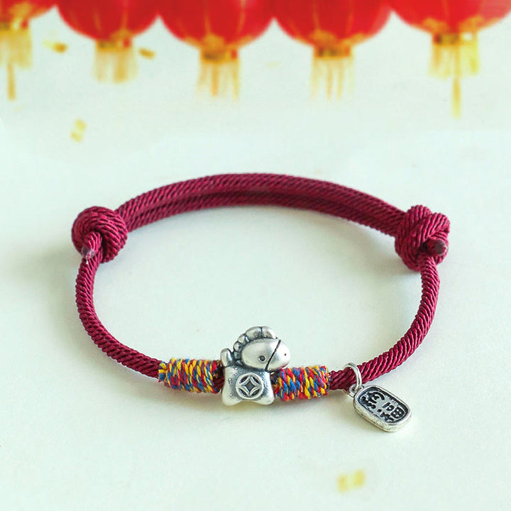 Braccialetto portafortuna con corda e corda in argento sterling 999 Buddha Stones e carattere Fu dell'anno del cavallo - Corda rosso scuro (circonferenza del polso: 14-19 cm) - image 1