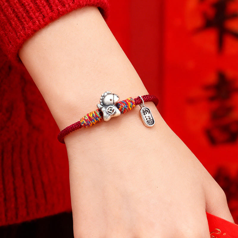 Braccialetto portafortuna con corda e corda in argento sterling 999 Buddha Stones e carattere Fu dell'anno del cavallo - image 3